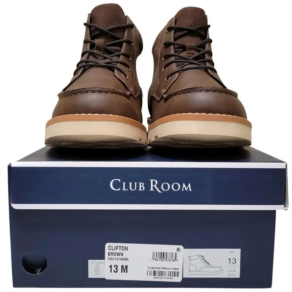 Club Room Men Clifton Moc Toe Combat Hiking Boots Size US 13M Brown Faux Leather